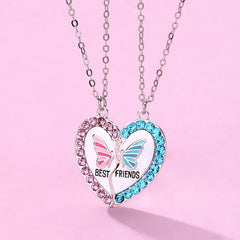 Lovecryst 2Pcs/set Delicate Rhinestone Butterfly Heart Best Friend Necklace BFF Friendship Jewelry Gifts for Kids