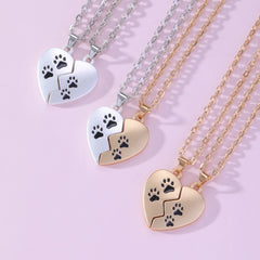 BFF 2 Pcs Half Heart Matching Pet Paw Design Pendant Necklace For Best Friends Friendship Gift
