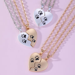 BFF 2 Pcs Half Heart Matching Pet Paw Design Pendant Necklace For Best Friends Friendship Gift