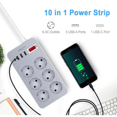 Power Strip 6 Outlets 4USB(3A+1C) Surge Protector, 1.8M Extension Cord for Home/Office/Store