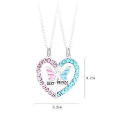 Lovecryst 2Pcs/set Delicate Rhinestone Butterfly Heart Best Friend Necklace BFF Friendship Jewelry Gifts for Kids